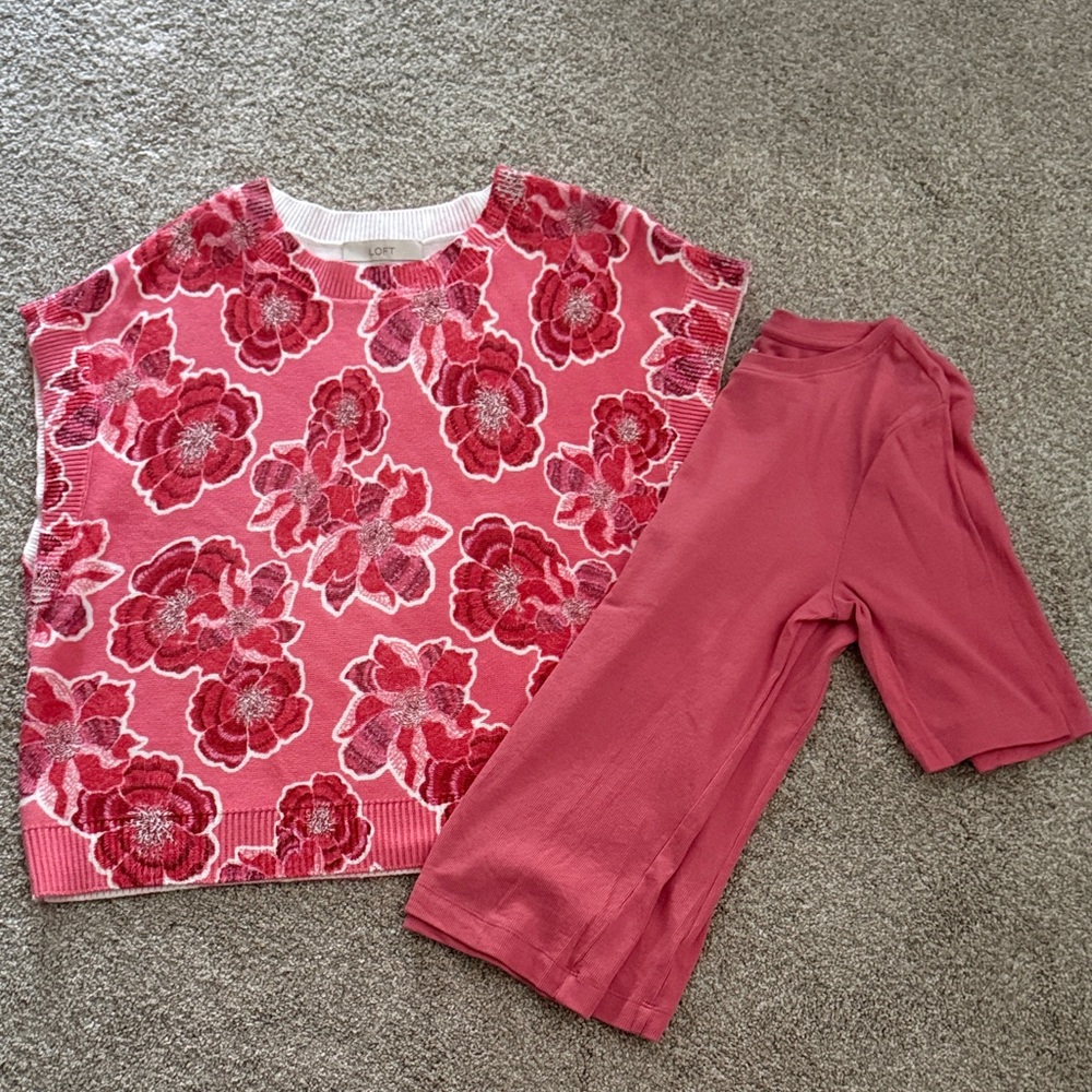 LOFT Pink Floral Sweater with matching undershirt